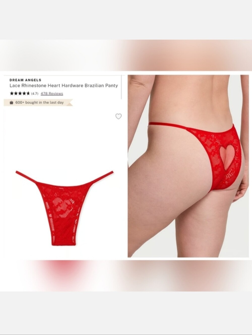 Victoria's Secret Dream Angel's Lace Rhinestone Heart Hardware Brazilian Panty